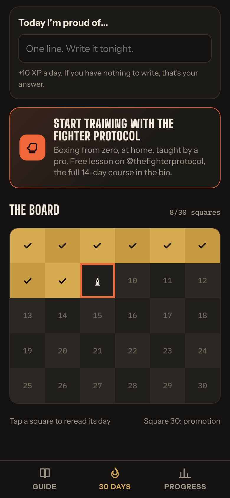 The 30-square board with 8 days completed
